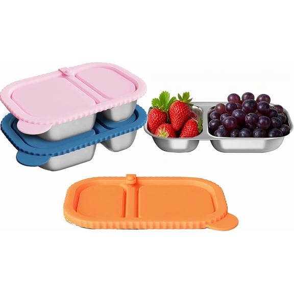 3-Pack Stainless Steel Dual-Compartment Lunch Box - Leak-Proof Silicone Divider & Utensil Holder Lid, 304 Steel Food Container, Food Storage Box for Office, Travel, On-the-Go Meals