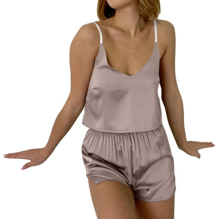 

koaiezne Women Solid V Neck Pajamas Summer Thin Suspenders Open Navel Short Vest Shorts Set Large Pajamas for Women Penguin Girl Slippers