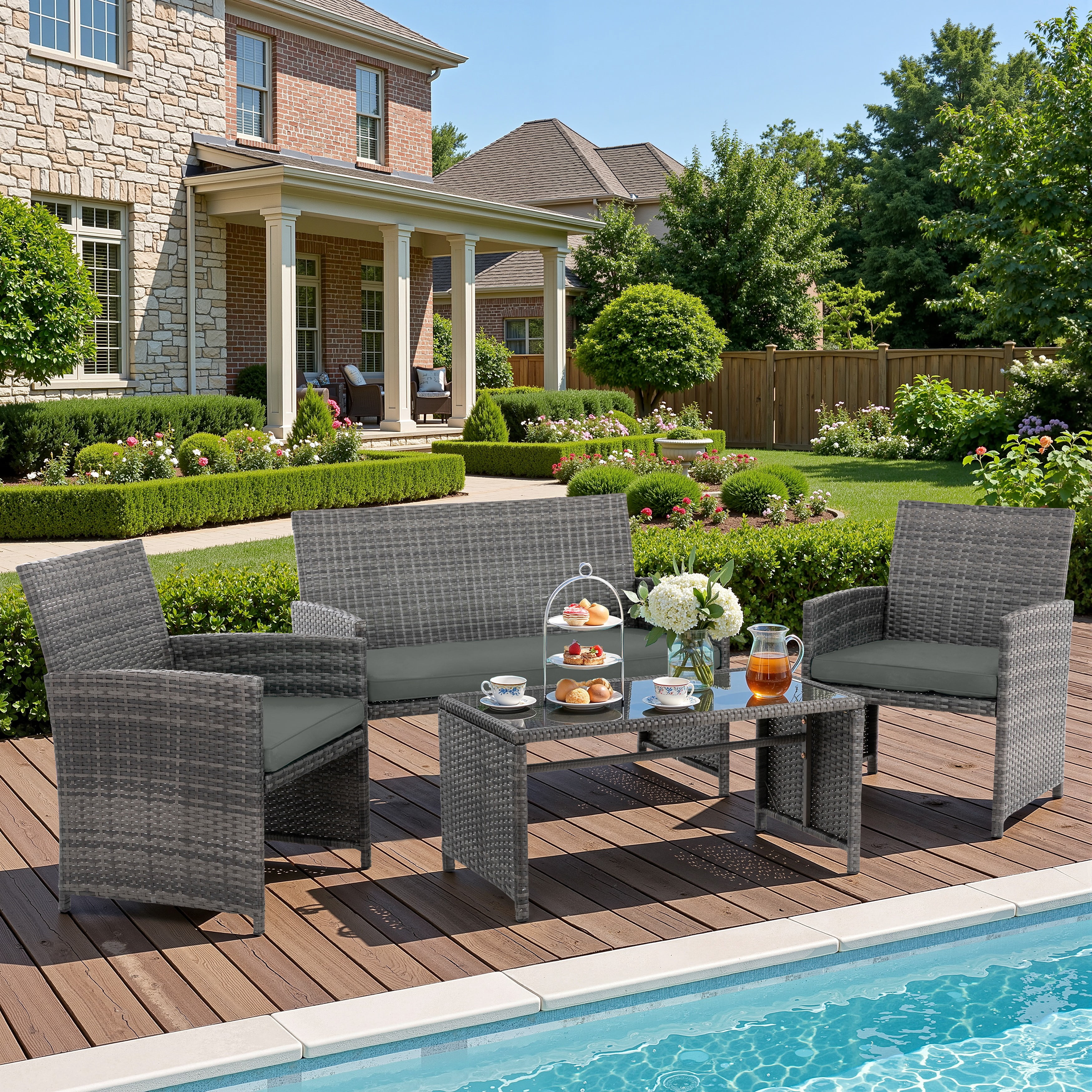 Walsunny Outdoor Patio Rattan Wicker Furniture Conversation Set 4 Piece with Cushions Tempered Glass Tabletop,Gray