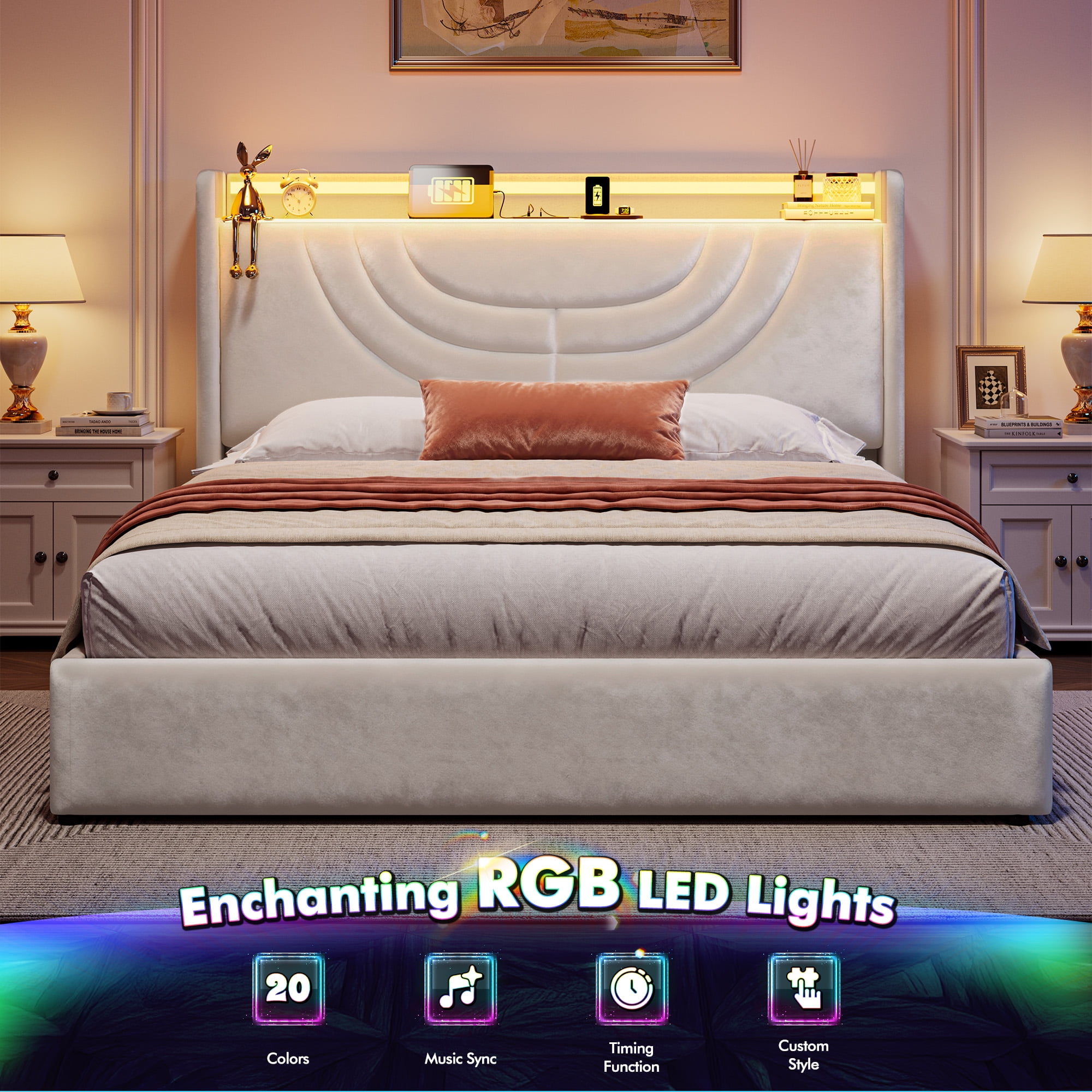 EnHomee Lift up Storage Bed with Headboard Queen Size Bed Frame with LED Light &Charge Station,Beige