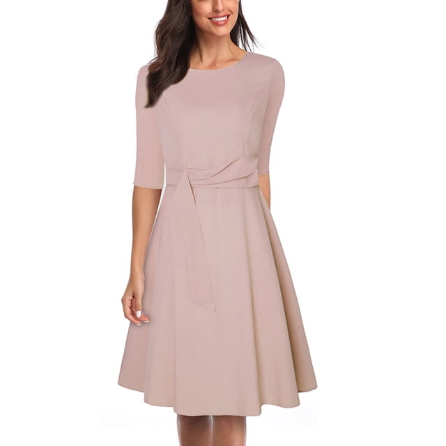 Vestido De Línea A, Color Puro Para Mujer, Vestido De Cuello Redondo, Media Manga, Dobladillo Fluido, Corte Entallado Antiguo Para Mujer Para Vacaciones Para Citas OTVIAP Albaricoque XL