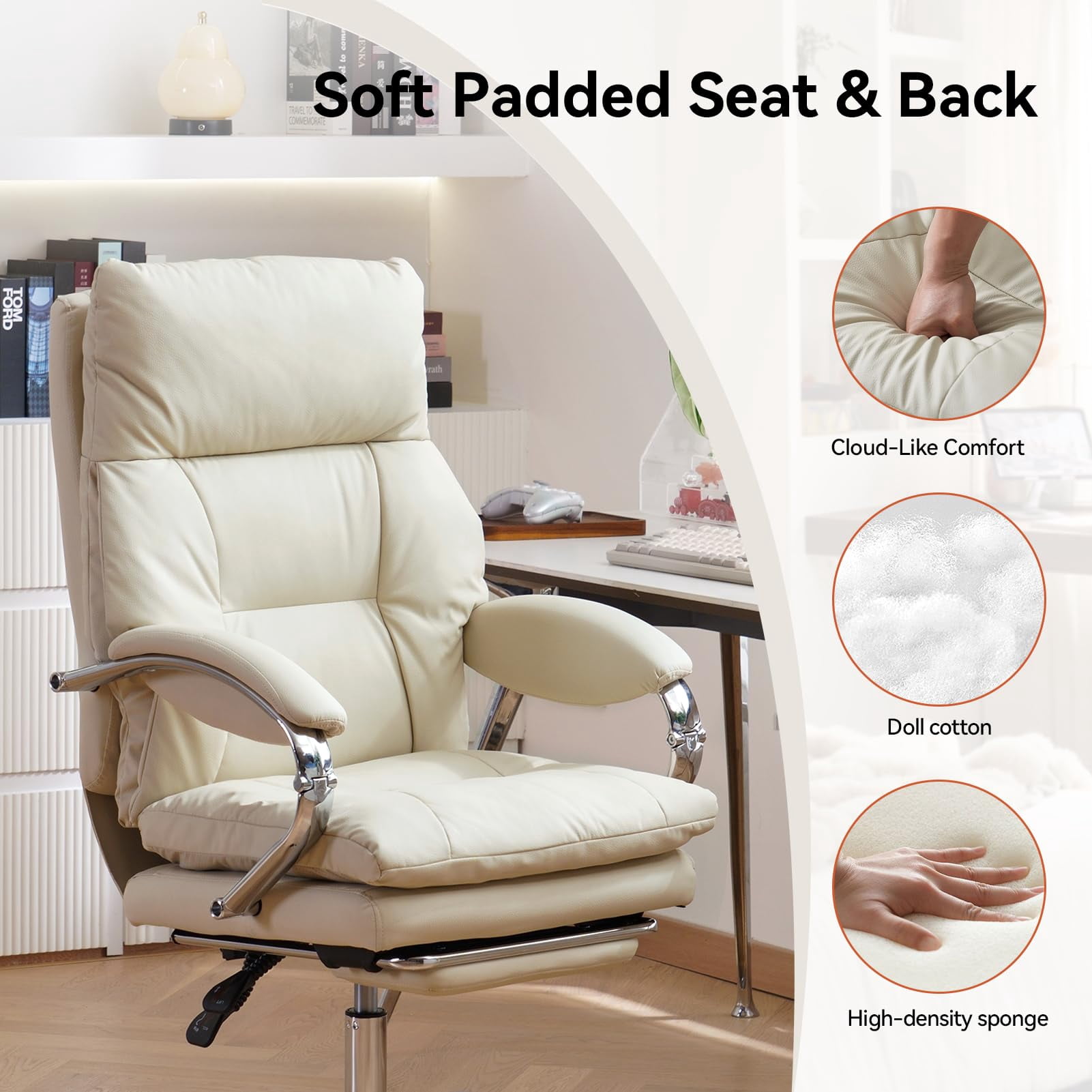 LEAGOO Reclining Office Chair with Foot Rest, Executive Office Chairs with Arms, Ergonomic High Back PU Leather Comfy Swivel Computer Desk Chairs with Wheels and Lumbar Support for Home Office, White
