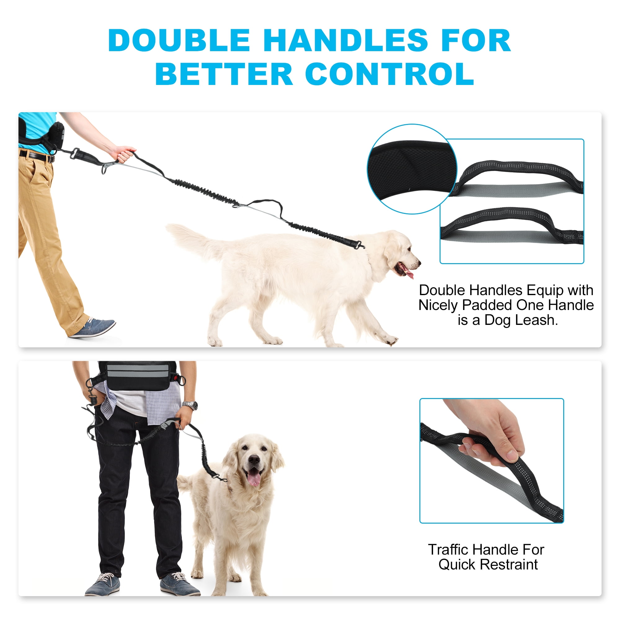 Unique Bargains Hands Free Dog Leash Retractable Bungee with Double Padded Handles Waist Leash for Dog Walkings Running Leash with Pouch for Dog Black Silver Gray