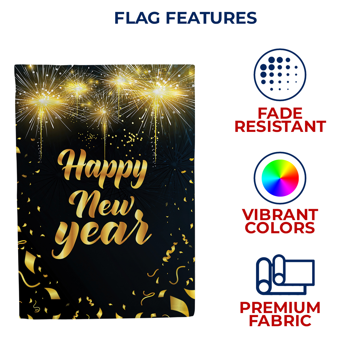 America Forever Happy New Year Golden Confetti House Flag, 28 x 40 inch Double Sided, Fireworks Banner, Black Background Outdoor Decor, Celebration Yard Decorations, Elegant Party Design