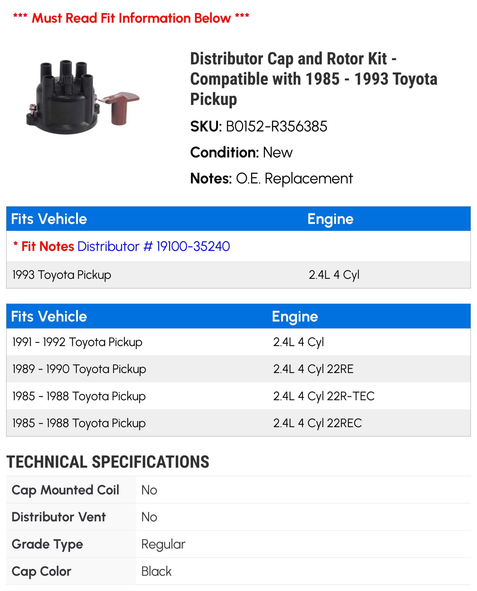 Distributor Cap and Rotor Kit - Compatible with 1985 - 1993 Toyota Pickup 1986 1987 1988 1989 1990 1991 1992