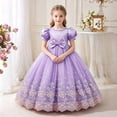 thumbnail image 2 of Girls Puff Sleeve Bow Ball Gown Dress Embroidered Mesh Floor Length Birthday Party Pageant Princess Dress (13-14 Y, Purple), 2 of 6