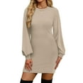 thumbnail image 3 of Women's Casual Dress Long Sleeve Round Neck Solid Color Classic Fit Midi Dress for Spring Fall Daily Wear,Khaki,M, 3 of 6