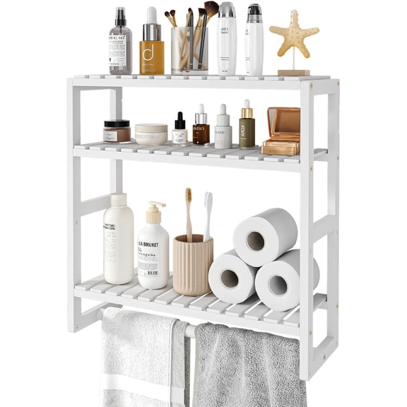 Over The Toilet Storage Bathroom Shelves Wall Mounted 3 Tier Space Saver Corner Shelf Organizer  Towel Rack Toilet Paper Cabinet with  Rod White