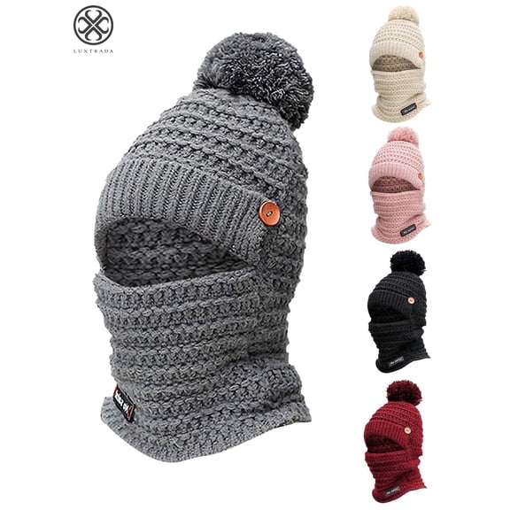 Luxtrada Womens Knit Scarf Hat Set Winter Warm Solid Pom Soft Venonat Beanie Caps Scarves (Beige)
