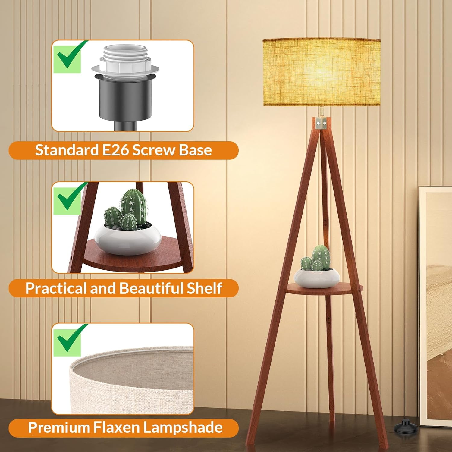 LEPOWER Tripod Floor Lamp, Mid Century Wood Standing Lamp, Modern Design Shelf Floor Lamp for Living Room, Bedroom, Office, Flaxen Lamp Shade with E26 Lamp Base Brown