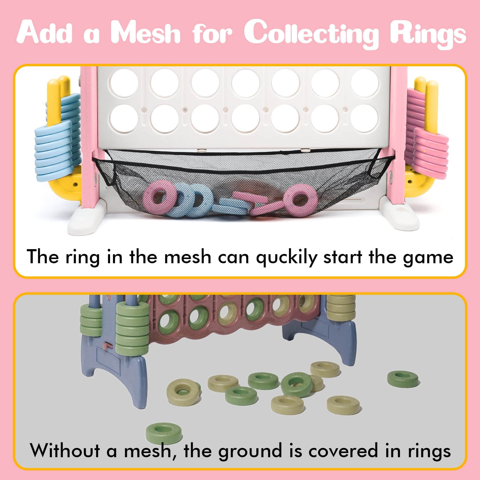Wdmiya 4 in a Row Connect Games Set, Adjustable Height Connect 4 Jumbo Yard Family Game with Basketball Hoop, Mesh Pocket & Ring Toss,Indoor Outdoor Connect 4 Game for Kids Adults, White+Pink