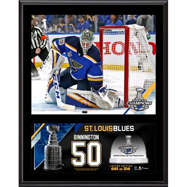 Jordan Binnington St Louis Blues 2019 Stanley Cup Champions 12 X 15 Sublimated Plaque With Game Used Ice From The 2019 Stanley Cup Final
