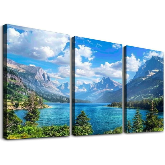 JRXY Landscape Canvas Wall Art for Living Room Wall Decor Glacier National Park Canvas Pictures Blue Sky Mountain Forest Nature Artwork Office Home Decorations Framed Ready to Hang,3 pcs 12x16x3pcs