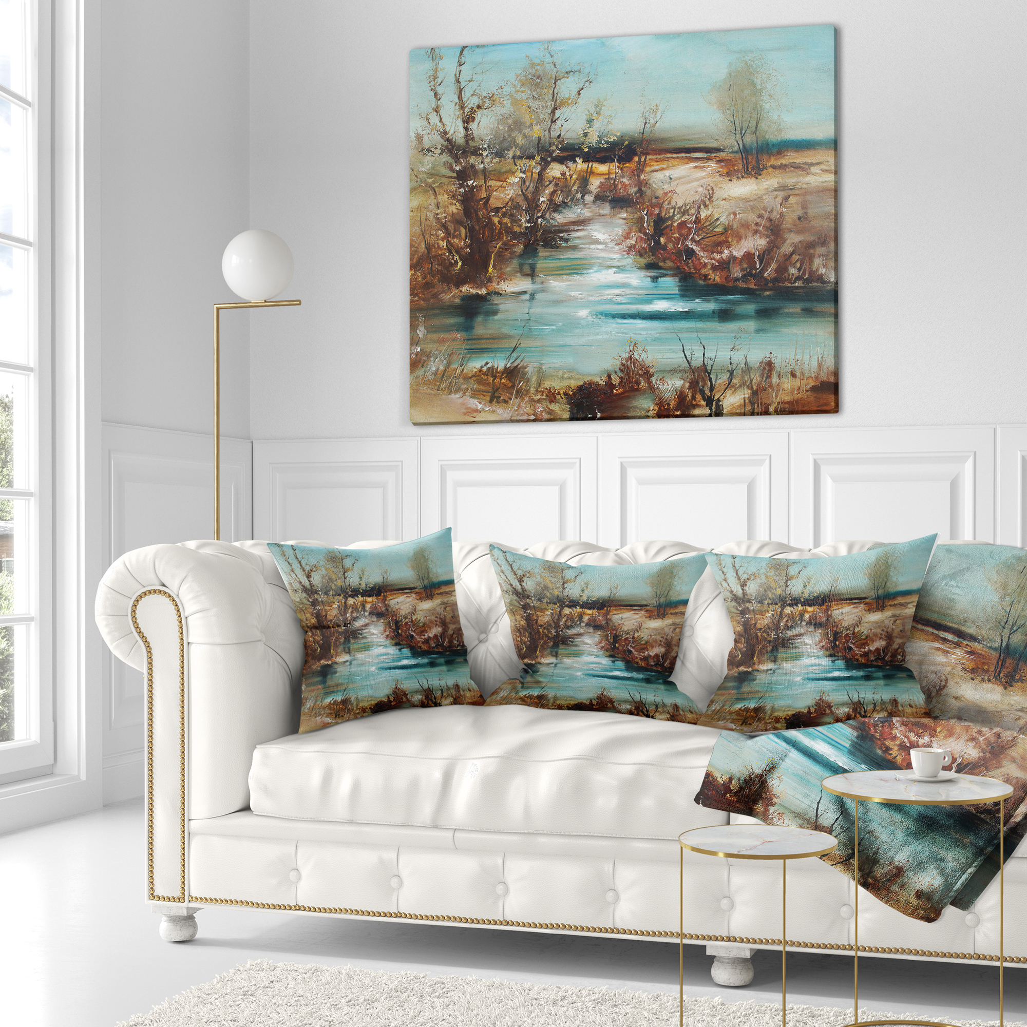 Designart Trees and Creek Oil Painting - Landscape Painting Throw Pillow - 18x18