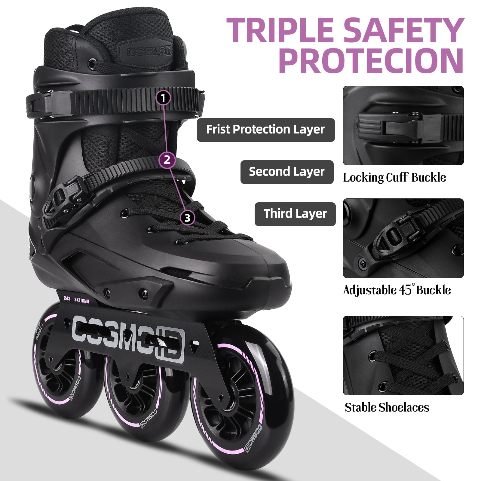 COSMOID Adult Inline Skate - High Performance Roller Skates Blades for Women & Men, 3 Wheels 110mm Metal Frame,Indoor Outdoor and Fitness Black