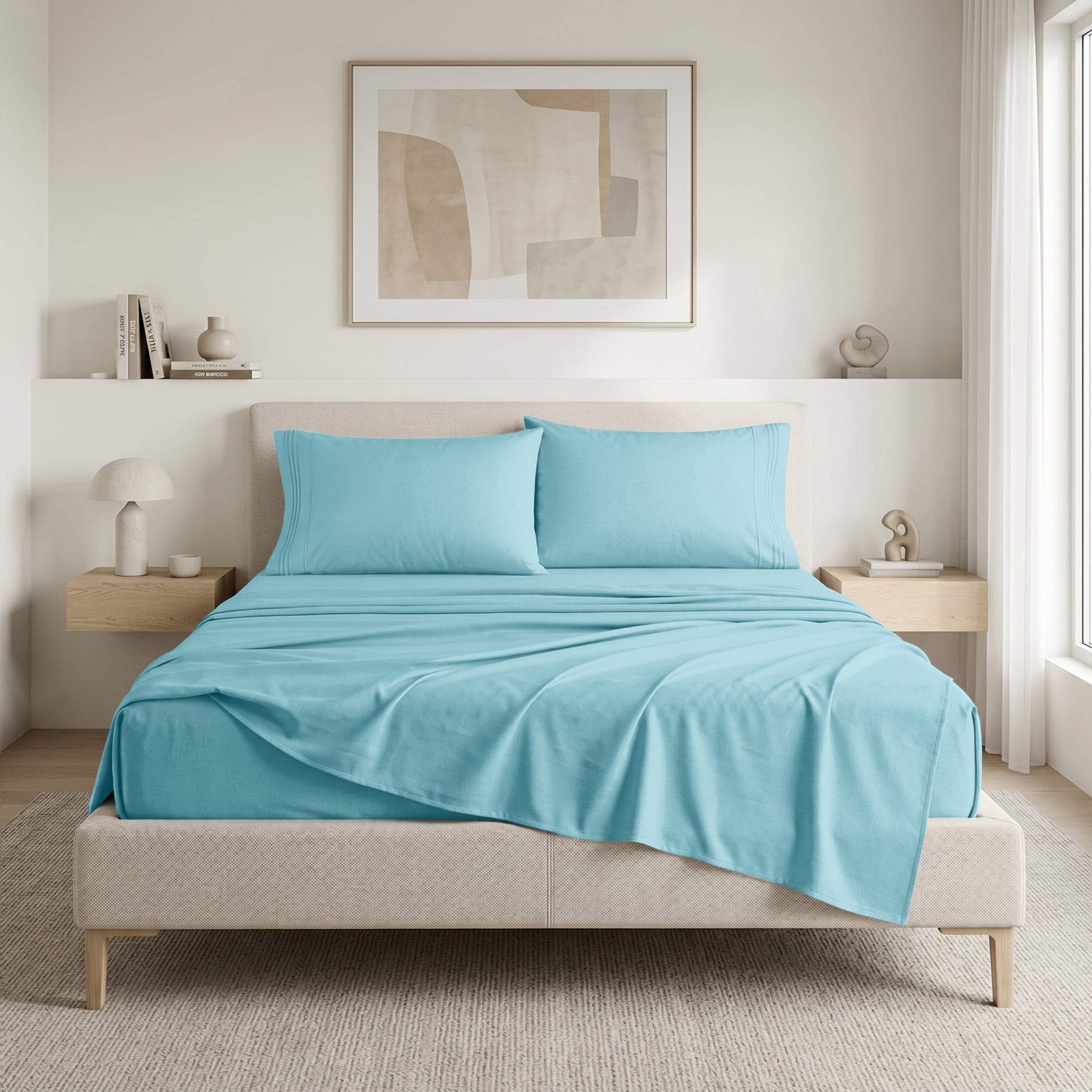 Smooth Microfiber Bed Sheet Set, Solid Blue, Lightweight & Breathable, Wrinkle Resistant, Deep Pocket, 4-Piece King Aqua Blue
