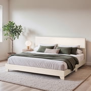Einfach King Size White Leather Upholstered Bed Frame with Adjustable Headboard, No Box Spring Needed, Low