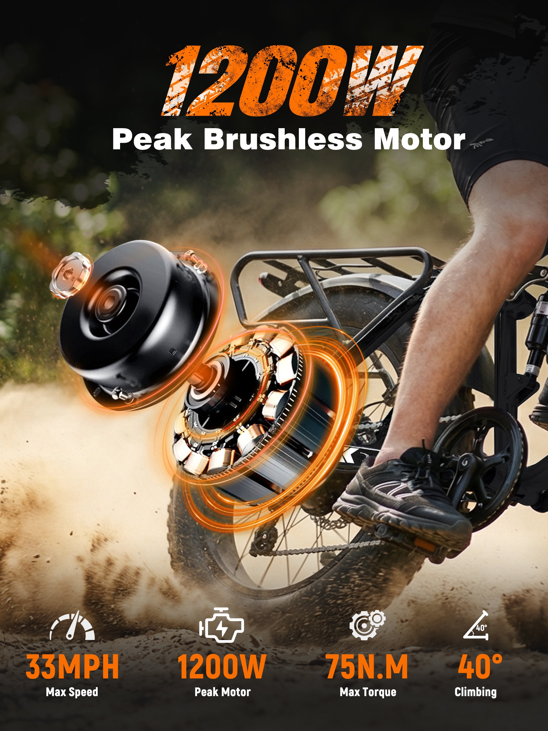 ESKUTE M300F Full Suspension Electric Bike, 20" Fat Tire Ebike, 48V 20.8Ah Removable Battery, 1200W Peak Motor, 7-Speed, Up to 80 Miles, Black with Phonebag & Lock, UL2849