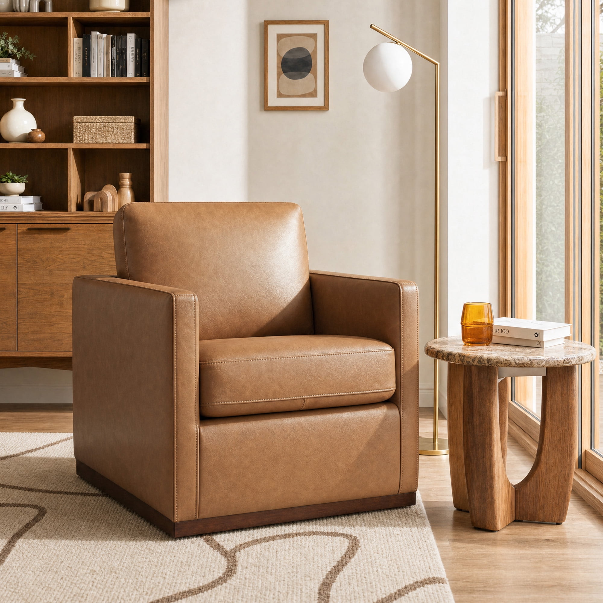 CHITA Swivel Accent Chairs for Living Room, Comfortable Arm Chairs for Bedroom,Faux Leather in Camel
