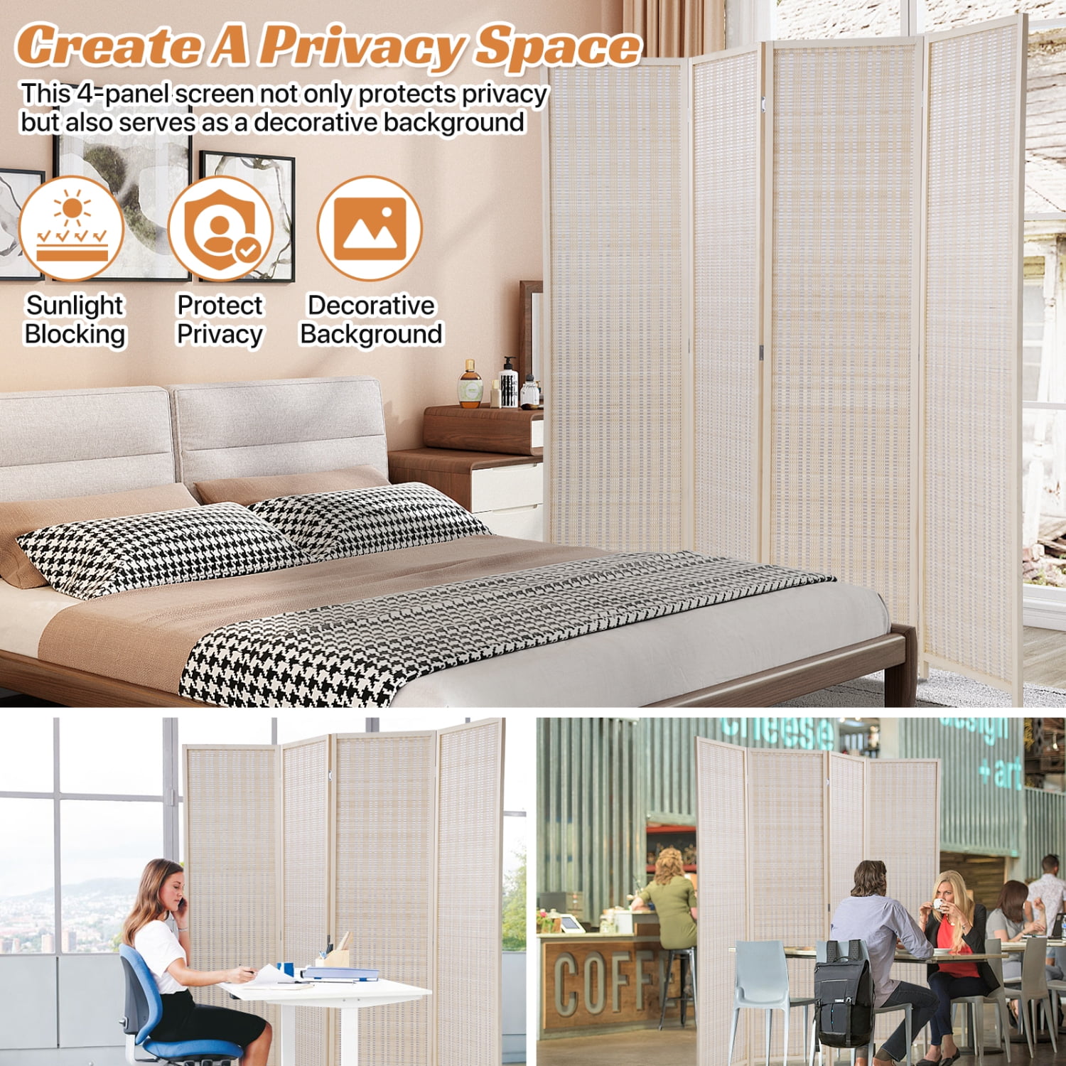 Bamboo Room Dividers with 4 Panel Folding Privacy Screen for Room Separation 72" Room Partitions and Dividers Freestanding Wall Divider for Home Office, Bedroom, Natural