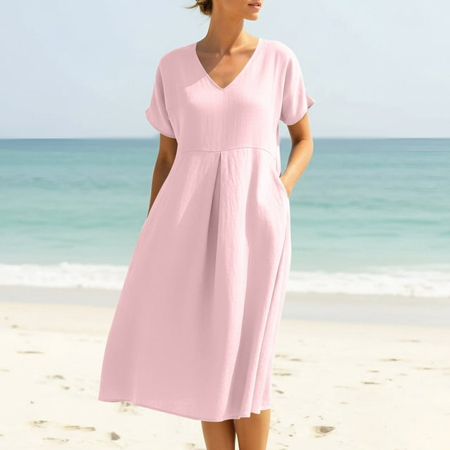 Robes Midi Fluides pour Femmes Été Décontracté Col en V Manches Courtes Robe T-Shirt Bohème Plage Vacances Couleur Unie Robe d'Été avec Poches Robes Fluides pour Femmes P