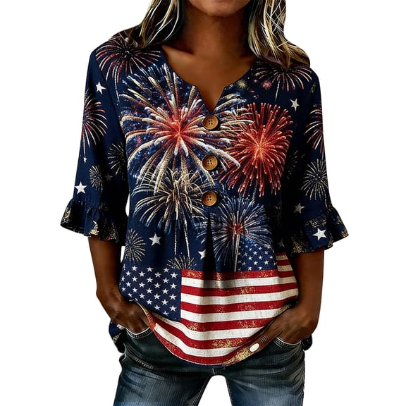 Gsakboxl Boho Tops for Women Casual Independence Day American Flag Star Pattern Notch V Neck 3/4 Sleeve Peplum Hem Patriotic Blouse Fashion Daily Top Black L