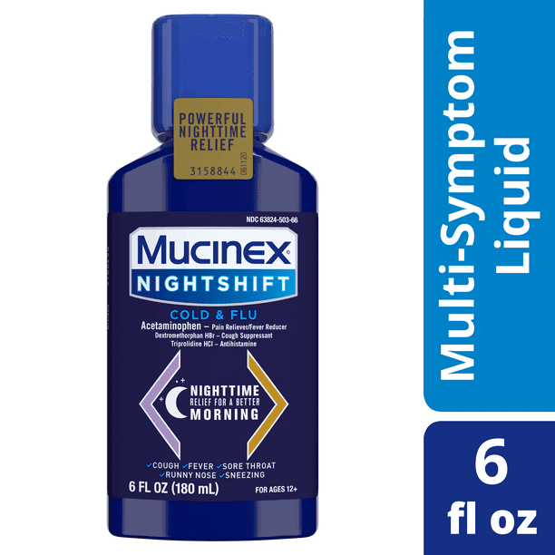 MUCINEX® Nightshift® Cold & Flu Liquid 6 fl. oz. Relieves Pain, Fever, Sneezing, Sore Throat
