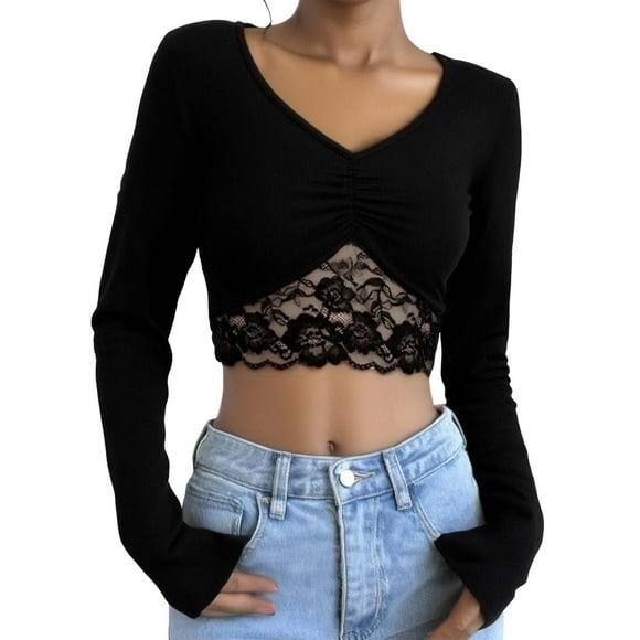 HUITKMM Women's Shirts Women's Crop Top V Neck Crop Top Long Sleeve T Shirt Cropped Long Sleeve Shirt with Lace