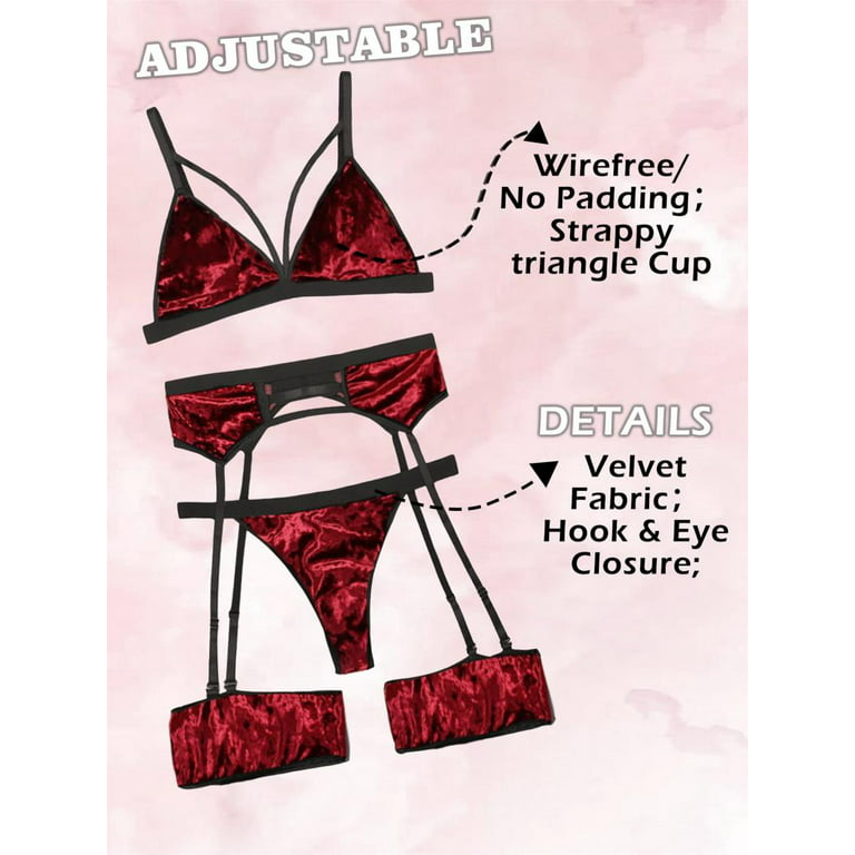Women Exotic Lingerie Set Strappy Lingerie Mesh Bra and Panty Sets 4 Pieces  Fishnet Underwear ,Velvet Red，L 