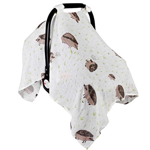Muslin Baby Car Seat Cover, Metplus Infant Carseat Canopy Newborn Carrier Stroller Covers for Girls Boys, Lightweight Breathable Fit Summer Spring Autumn, Large Size 47.2 x 35.4 inch, Hedgehog