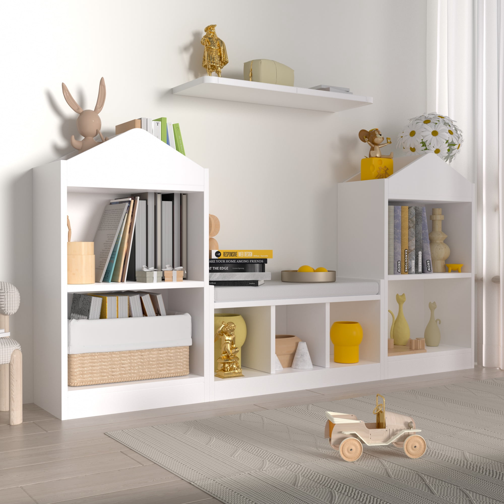 68.9“ Kids Bookshelf with Reading Nook, Toy Storage Organizer with Seat Cushion and 7 Storage Cubbies, Wooden Kids Bookcase, Toy Organizers and Storage for Nursery, Playroom, White