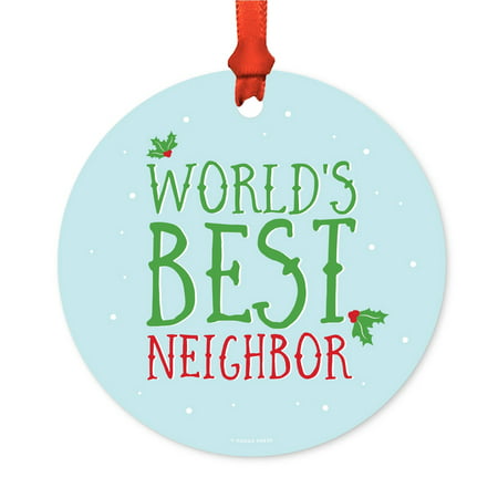 Funny Metal Christmas Ornament, World's Best Neighbor, Holiday Mistletoe, Includes Ribbon and Gift