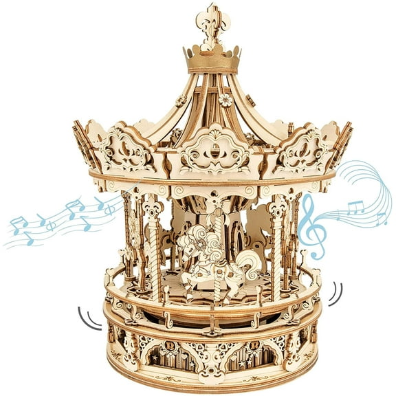Robotime 3D Wooden Puzzles Music Box DIY Model Building Kit Mechanical Merry-go-Round Exquisite Display Gifts for Family
