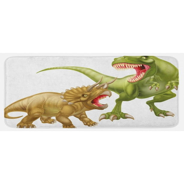 Dinosaur Kitchen Mat, T Rex Versus Triceratops Scaring Each Other Wild Reptiles Dinosaur, Plush Decorative Kitchen Mat with Non Slip Backing, 47 Dinosaur Kitchen Mat, T Rex Versus Triceratops Scaring Each Other Wild Reptiles Dinosaur, Plush Decorative Kitchen Mat with Non Slip Backing, 47