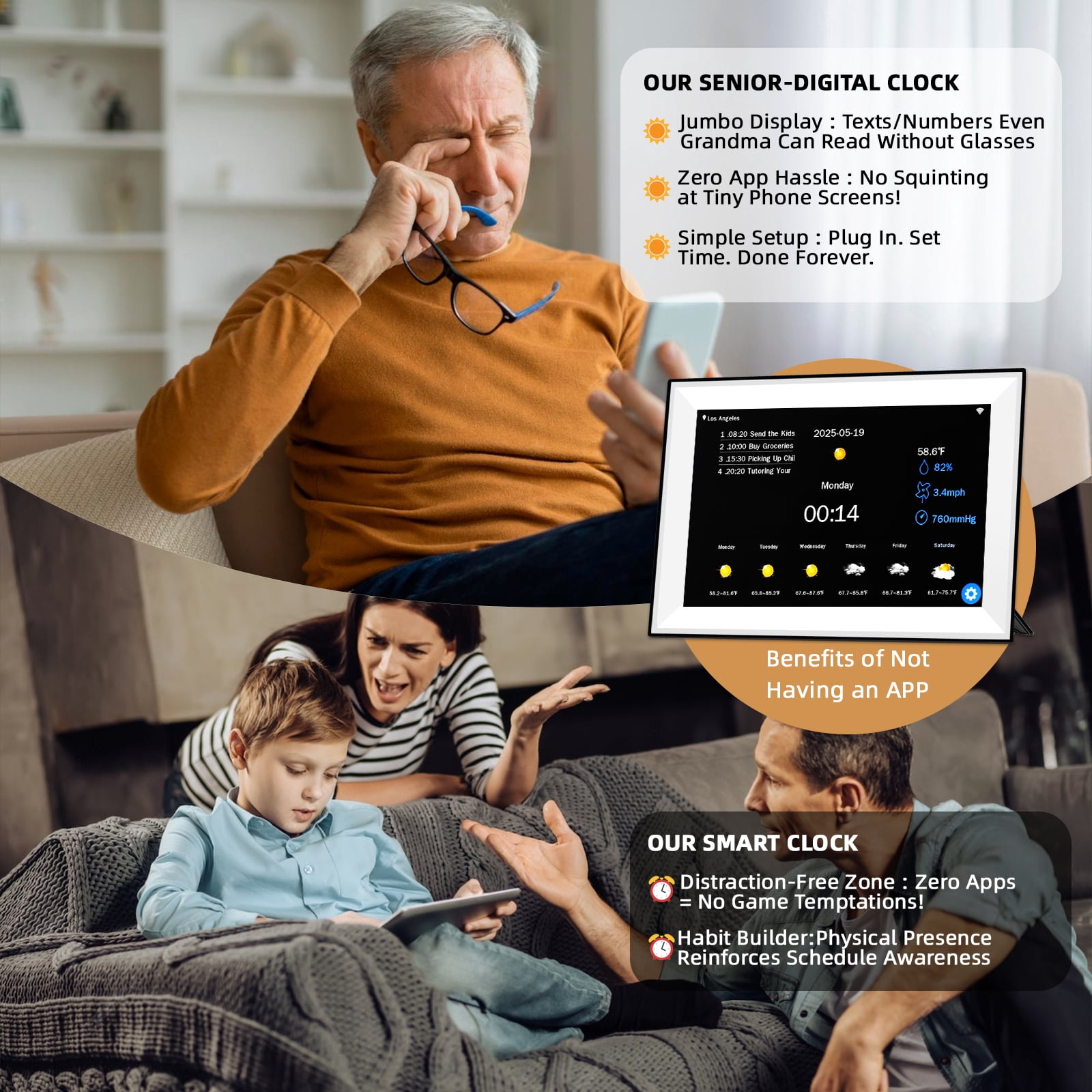 Jazeyeah 10.1" Touch Screen Smart WiFi Clock for Seniors,Auto-Sync Time & Date,7-Day Weather Forecast, 64 Custom Alarms & Schedule Reminders (White)