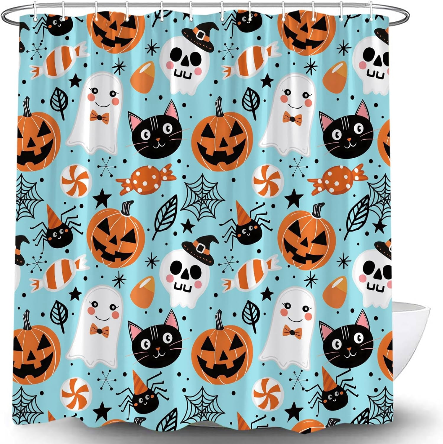 Happy Halloween Shower Curtain Cute Cartoon Pumpkin Spooky Ghost Orange Pumpkin Head Icons Funny Black Cat Spider‘s Web Skull Skeleton Witch Hat Fabric Bath Curtain Set with Hook