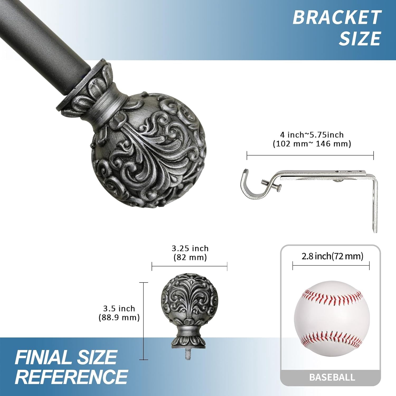Urbanest Adjustable Single Curtain Rod Set Scroll Ball Finials – 1 - Inch Diameter, With Pewter Rod, 48–84 Inches