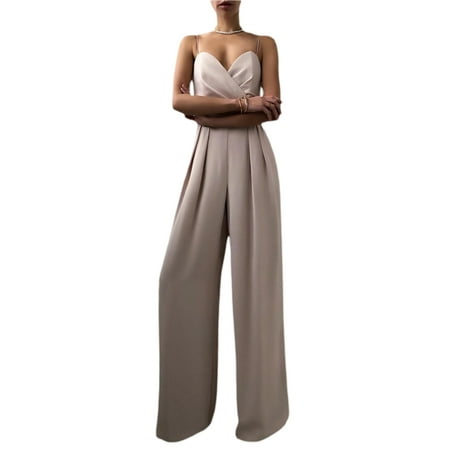 

Womens Spaghetti Straps Long Wide Leg Jumpsuit V Neck Crisscross High Waist Solid Color Romper Formal Streetwear
