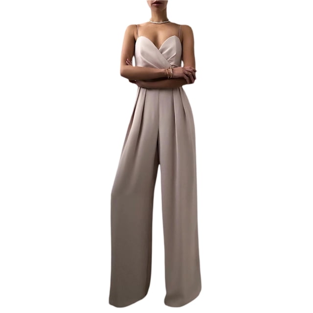 Mono sin mangas para mujer VISgogo con decoración plisada, ropa de verano de color sólido con pierna ancha y cintura alta VISgogo moda