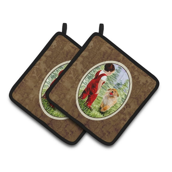 Carolines Treasures SS8545PTHD Little Boy with his Golden Retriever Pair of Pot Holders, 7.5HX7.5W, multicolor
