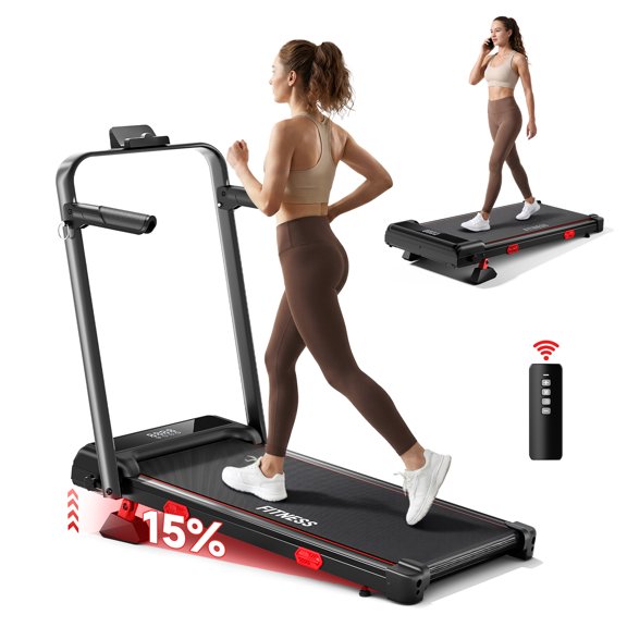 Folding Treadmill with 15% Incline for Home, Walking Pad with Adjustable Handlebars, 300 lb Capacity, Shock Absorbing Running Belt, No Assembly Required
