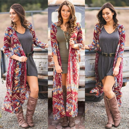 Front Back Quarter - Women Kimono Floral Print Open Front Three Quarter Loose Long Boho Vintage Beach Cover Up Cardigan Burgundy