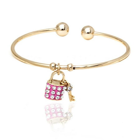 Yellow Gold Plated Brass Open Bangle Bracelet with Pink lock and Key Crystals Pendants