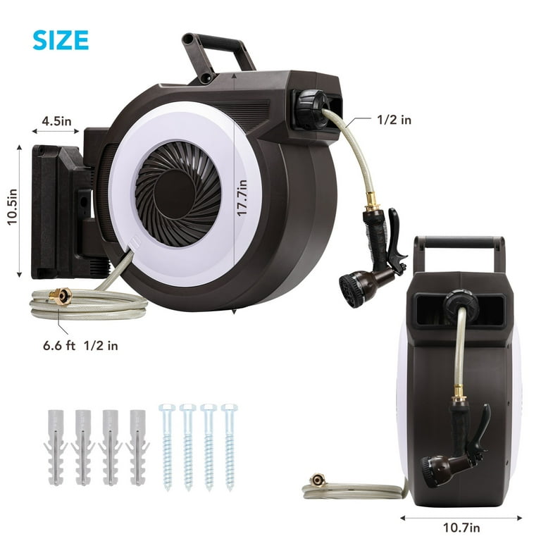 Bentism Retractable Hose Reel, 65 ft x 5/8 inch, 180 Swivel Bracket Wall-mounted, Garden Water Hose Reel with 9-Pattern Nozzle, Automatic Rewind, Lock