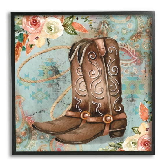 Stupell Cowboy Boots Western Paisley Florals Botanical & Floral Painting Black Framed Art Print Wall Art