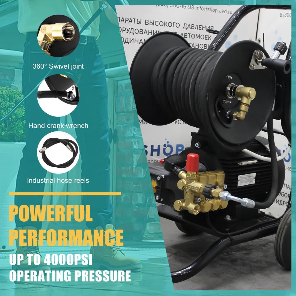 TOHU 4000Psi Pressure Washer Hose Reel - Manual Crank 100 Ft Floor and Wall Mount with Smooth Rewind