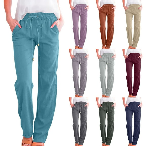 larppty Casual Cotton Linen Lounge Pants for Women - Plus Size Elastic Waist Lightweight Relaxed Fit Solid Trousers（Dark Gray，L）