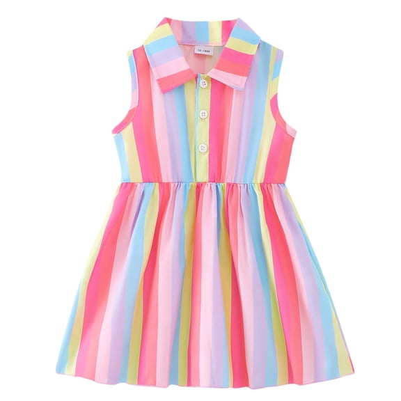 KIMI BEAR 3T Toddler Girls Summer Clothes 4T Child Girl Dress Sleeveless Striped Rainbow A-line Dresses One-piece Overalls Clothing Pink