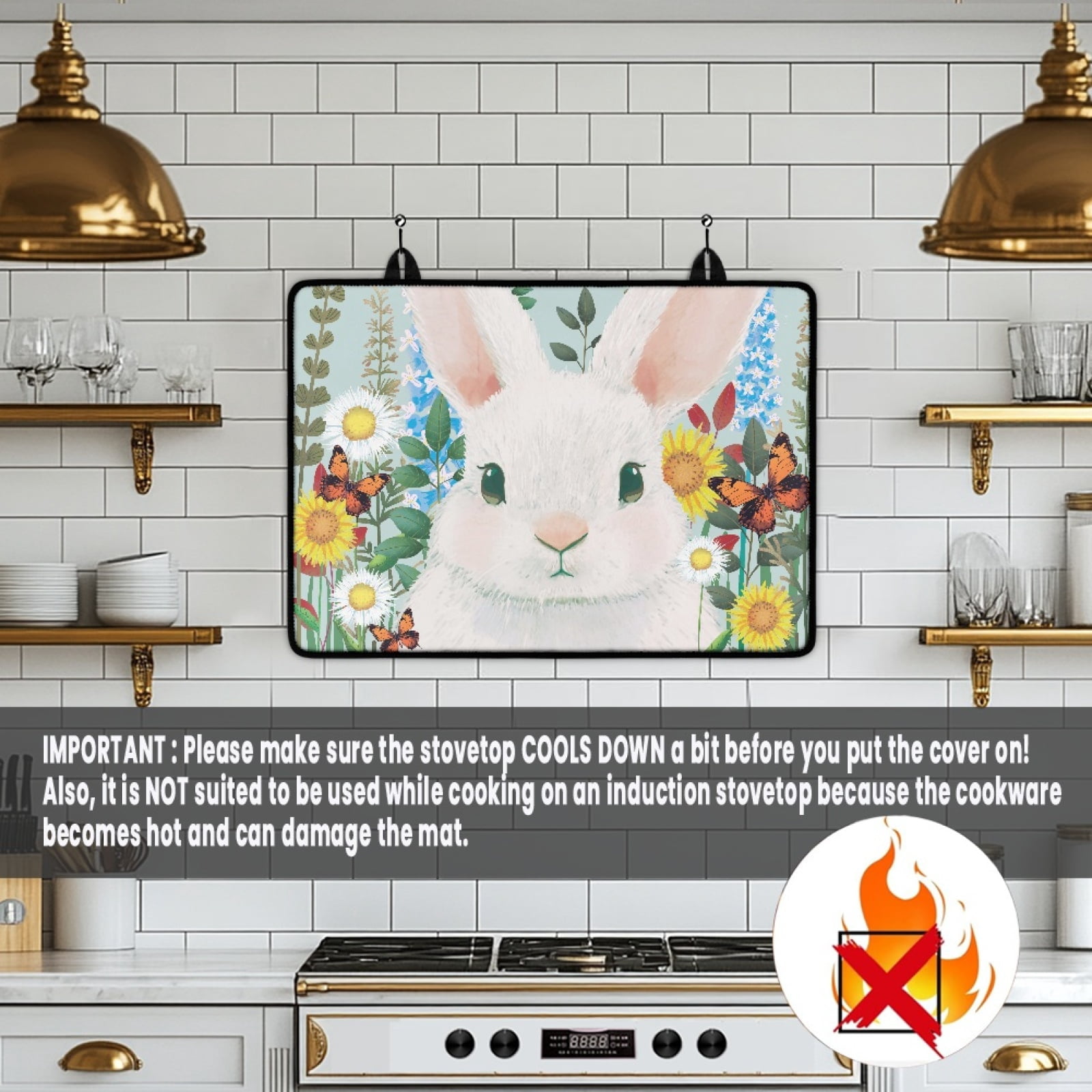 Renewold Ceramic Glass Stove Top Cover for Electric Stove, Non-slip Stove Mat Stovetop Protector Cover Multipurpose Desk Saver Pad for Counter Top, Bunny Butterfly Flower