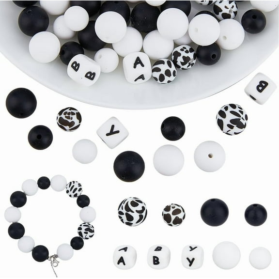 61Pcs Black White Silicone Beads 12-15mm Cow Print Beads Square Letter Beads Rubber Loose Spacer Beads Bulk for DIY Bracelet Necklaces Jewelry Making Keychain Pens Crafts